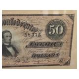 Framed Antique Confederate States 50 Dollar Note Richmond 1864 with Provenance Framed Antique Confederate States 50 Dollar Note Richmond 1864 with Provenance
