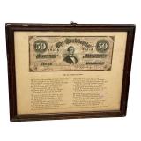 Framed Antique Confederate States 50 Dollar Note Richmond 1864 with Provenance Framed Antique Confederate States 50 Dollar Note Richmond 1864 with Provenance