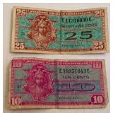 2 Assorted Series 521 US Military Payment Certificates 25 and 10 Cents 2 Assorted Series 521 US Military Payment Certificates 25 and 10 Cents