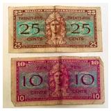 2 Assorted Series 521 US Military Payment Certificates 25 and 10 Cents 2 Assorted Series 521 US Military Payment Certificates 25 and 10 Cents