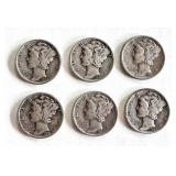 Set of 6 Mercury Dimes 1939-1944 US Silver Coins Set of 6 Mercury Dimes 1939-1944 US Silver Coins