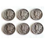 Set of 6 Mercury Dimes 1939-1944 US Silver Coins Set of 6 Mercury Dimes 1939-1944 US Silver Coins