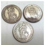 Set of 3 Swiss Helvetia 2 Franc Silver Coins 1946, 1960, 1961 Set of 3 Swiss Helvetia 2 Franc Silver Coins 1946, 1960, 1961