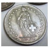 Set of 3 Swiss Helvetia 2 Franc Silver Coins 1946, 1960, 1961 Set of 3 Swiss Helvetia 2 Franc Silver Coins 1946, 1960, 1961