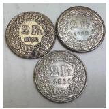 Set of 3 Swiss Helvetia 2 Franc Silver Coins 1946, 1960, 1961 Set of 3 Swiss Helvetia 2 Franc Silver Coins 1946, 1960, 1961