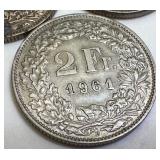 Set of 3 Swiss Helvetia 2 Franc Silver Coins 1946, 1960, 1961 Set of 3 Swiss Helvetia 2 Franc Silver Coins 1946, 1960, 1961