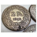 Set of 3 Swiss Helvetia 2 Franc Silver Coins 1946, 1960, 1961 Set of 3 Swiss Helvetia 2 Franc Silver Coins 1946, 1960, 1961