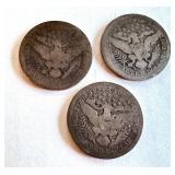 Lot of 3 Barber Quarters 1898, 1899, 1900 United States Silver Coins Lot of 3 Barber Quarters 1898, 1899, 1900 United States Silver Coins