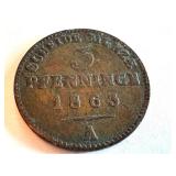 1863 Prussian 3 Pfennige Copper Coin 1863 Prussian 3 Pfennige Copper Coin