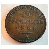 1863 Prussian 3 Pfennige Copper Coin 1863 Prussian 3 Pfennige Copper Coin