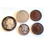 Set of 5 Circulated US Coins: 1935 Quarter, 1943 Mercury Dime, 1905 Liberty Nickel, 1900 & 1888 Indian Head Cents Set of 5 Circulated US Coins: 1935 Quarter, 1943 Mercury Dime, 1905 Liberty Nickel, 1900 & 1888 Indian Head Cents