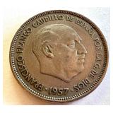 Spain 1957 25 Pesetas Francisco Franco Coin Spain 1957 25 Pesetas Francisco Franco Coin