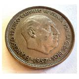 Spain 1957 25 Pesetas Francisco Franco Coin Spain 1957 25 Pesetas Francisco Franco Coin