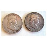 2 Circulated Franklin Half Dollars 1949 and 1951 2 Circulated Franklin Half Dollars 1949 and 1951