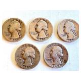 Lot of 5 Circulated Washington Silver Quarters 1941-1943 Lot of 5 Circulated Washington Silver Quarters 1941-1943