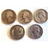 Set of 5 Washington Silver Quarters 1935 1939 1943 1952 1955 Set of 5 Washington Silver Quarters 1935 1939 1943 1952 1955