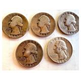 Lot of 5 Washington Silver Quarters 1942 1943 1945 1964 Lot of 5 Washington Silver Quarters 1942 1943 1945 1964