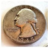 Lot of 5 Washington Silver Quarters 1942 1943 1945 1964 Lot of 5 Washington Silver Quarters 1942 1943 1945 1964