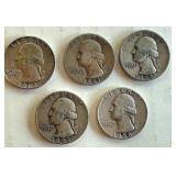 Set of 5 Washington Silver Quarters 1948, 1953, 1958, 1963, 1964 Set of 5 Washington Silver Quarters 1948, 1953, 1958, 1963, 1964