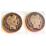 1913 and 1914 Barber Dime Set United States Silver Coins 1913 and 1914 Barber Dime Set United States Silver Coins