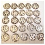 Lot of 25 Circulated Mercury Dimes Assorted Dates Lot of 25 Circulated Mercury Dimes Assorted Dates