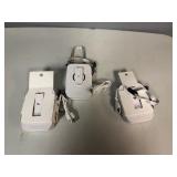 Three Portable Rechargeable Neck Fans. USB Charging Cable Included. The fans also have a clip and will stand on flat service.