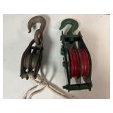 Two Double-Sleave (wheel) Pulleys and Two 1 1/4 Double-Wheeled Pulley.   Newer Pulley is 3/2" diameter. Vintage is 2" diameter.