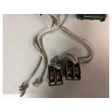 Two Double-Sleave (wheel) Pulleys and Two 1 1/4 Double-Wheeled Pulley.   Newer Pulley is 3/2" diameter. Vintage is 2" diameter.