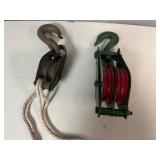 Two Double-Sleave (wheel) Pulleys and Two 1 1/4 Double-Wheeled Pulley.   Newer Pulley is 3/2" diameter. Vintage is 2" diameter.