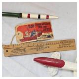 Bruell Red/White Spearing Decoy and Collection of Bobbers Bruell Red/White Spearing Decoy and Collection of Bobbers