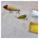 Original Arbo Jitterbug 1/4 oz in Box and Vintage Wood Moonlight Paw Paw, Red and White Original Arbo Jitterbug 1/4 oz in Box and Vintage Wood Moonlight Paw Paw, Red and White