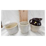 2 Small Crocks and Two Tone Crock Pitcher, No Marks 2 Small Crocks and Two Tone Crock Pitcher, No Marks