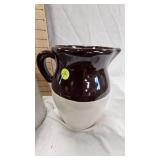 2 Small Crocks and Two Tone Crock Pitcher, No Marks 2 Small Crocks and Two Tone Crock Pitcher, No Marks