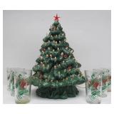 Working Vintage Ceramic Lighted Christmas Tree w/Set of Glasses