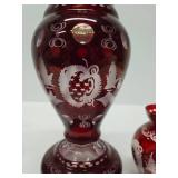 Antique Cranberry Cut to Clear Glass Pitcher & 2 Glasses