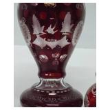 Antique Cranberry Cut to Clear Glass Pitcher & 2 Glasses