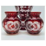 Antique Cranberry Cut to Clear Glass Pitcher & 2 Glasses