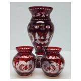 Antique Cranberry Cut to Clear Glass Pitcher & 2 Glasses