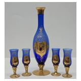 Great Looking Vintage Italian Gilt Blue Glass Pitcher w/4 Glasses