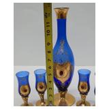 Great Looking Vintage Italian Gilt Blue Glass Pitcher w/4 Glasses