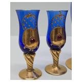 Great Looking Vintage Italian Gilt Blue Glass Pitcher w/4 Glasses