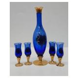 Great Looking Vintage Italian Gilt Blue Glass Pitcher w/4 Glasses