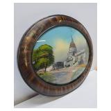 Antique Reverse Painted on Glass Oval Artwork - US Capitol Building