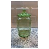 Vintage Green Depression Glass Ribbed Canister with Lid