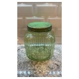 Vintage Ribbed Vaseline Uranium Glass Canister Jar