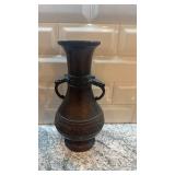 Pair of Ornate Bronze Asian Vases with Dual Handles, 10.75 Inch Tall