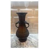 Pair of Ornate Bronze Asian Vases with Dual Handles, 10.75 Inch Tall