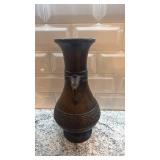 Pair of Ornate Bronze Asian Vases with Dual Handles, 10.75 Inch Tall