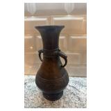 Pair of Ornate Bronze Asian Vases with Dual Handles, 10.75 Inch Tall
