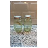 Pair of Vintage Ribbed Vaseline Glass Uranium Shakers with Metal Lids